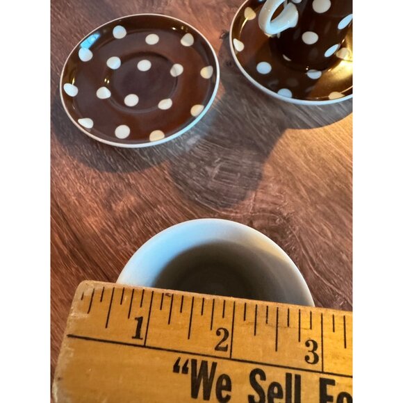 Set of 2 Fitz & Floyd Brown & White Polka Dot Espresso Cups and Saucers - Picture 7 of 11